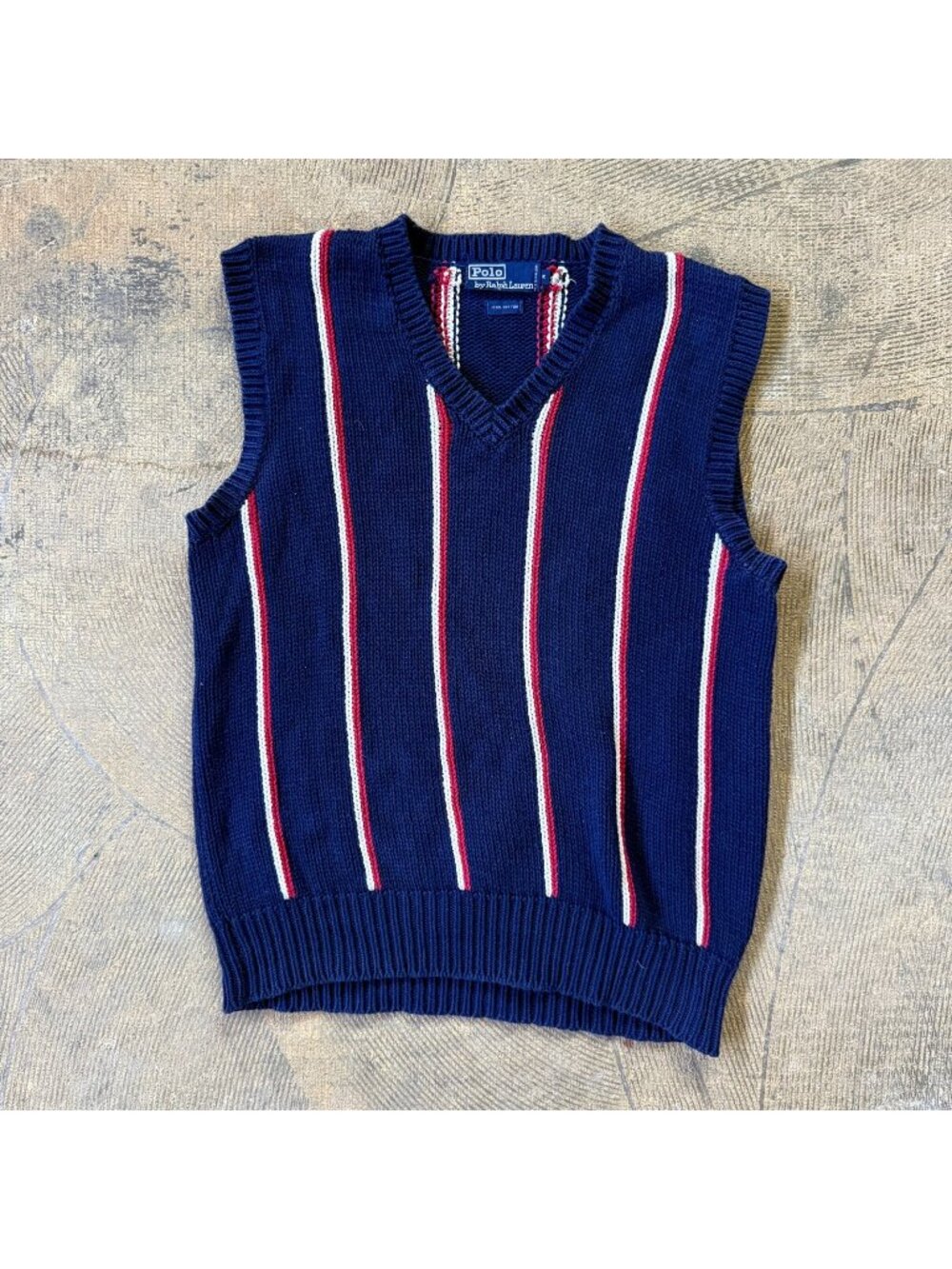 Vintage Polo Ralph Lauren Navy Blue Vertical Stripe Knit Sweater Vest Medium